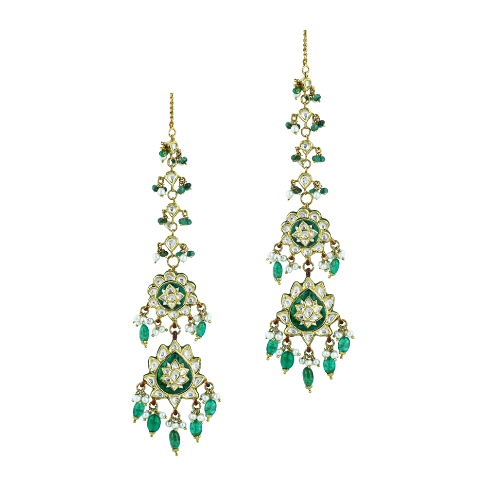 Long Earrings with Emerald, Pearls, Polki, and Floral Enamel